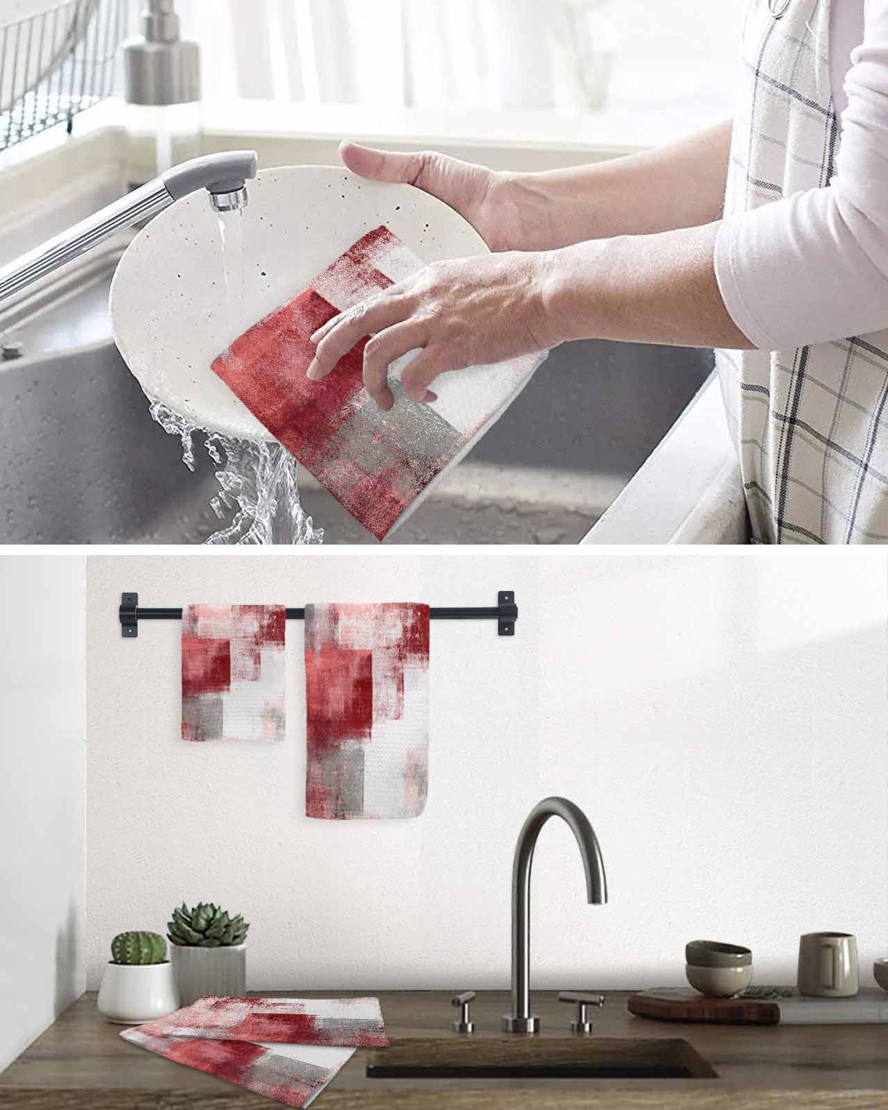 Red Ombre Kitchen Dish Towels for Drying Dishes Set of 2, Retro Farmhouse Abstract Mottled Texture Art Waffle Weave Microfiber Terry Hand Tea Bathroom Towels Quick Dry & Absorbent Towel 15.7x23.6