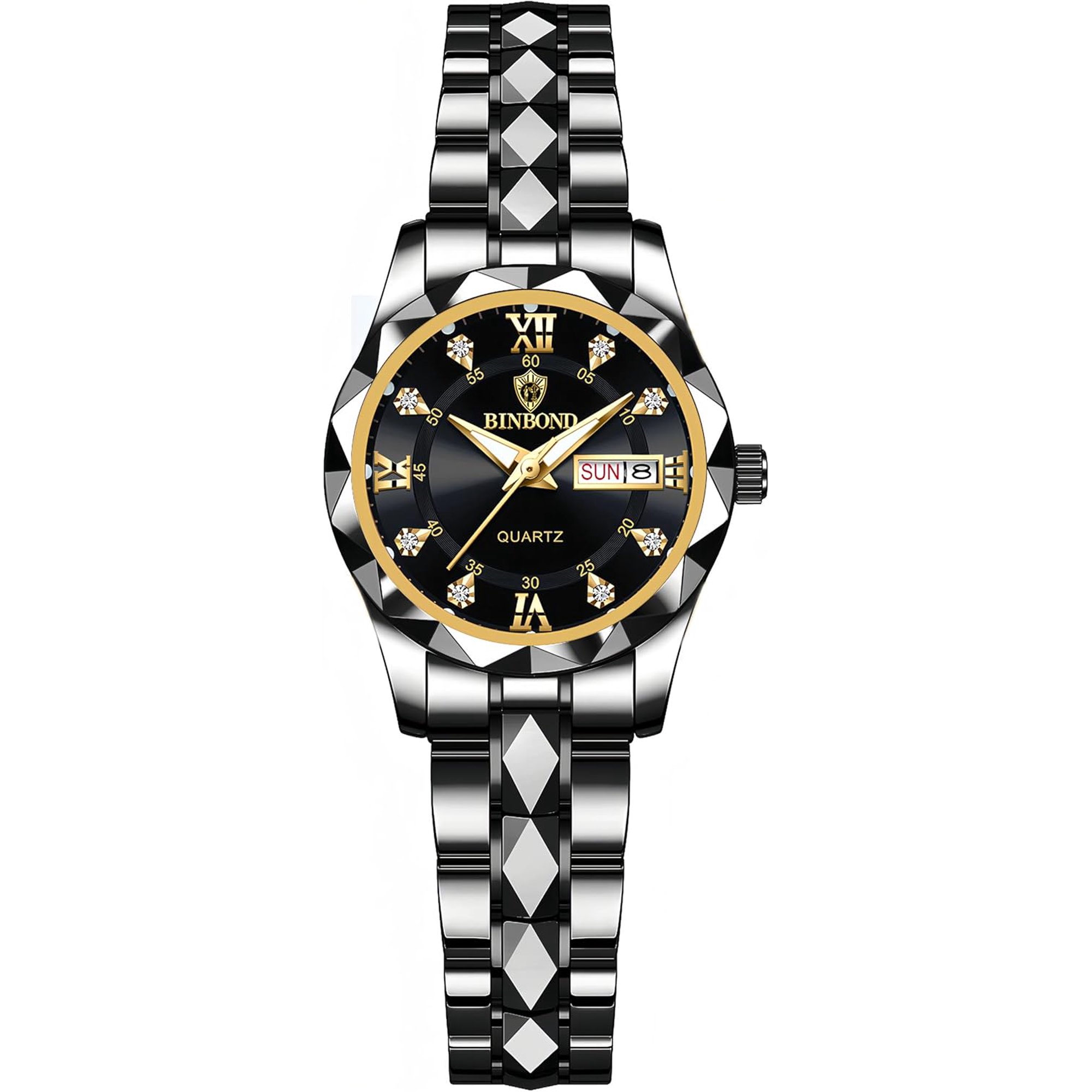 Men's and Women's Business Diamond Stainless Steel Waterproof Roman Numeral Analog Quartz Watch with Day-Date Calendar, Gold and Silver Tone