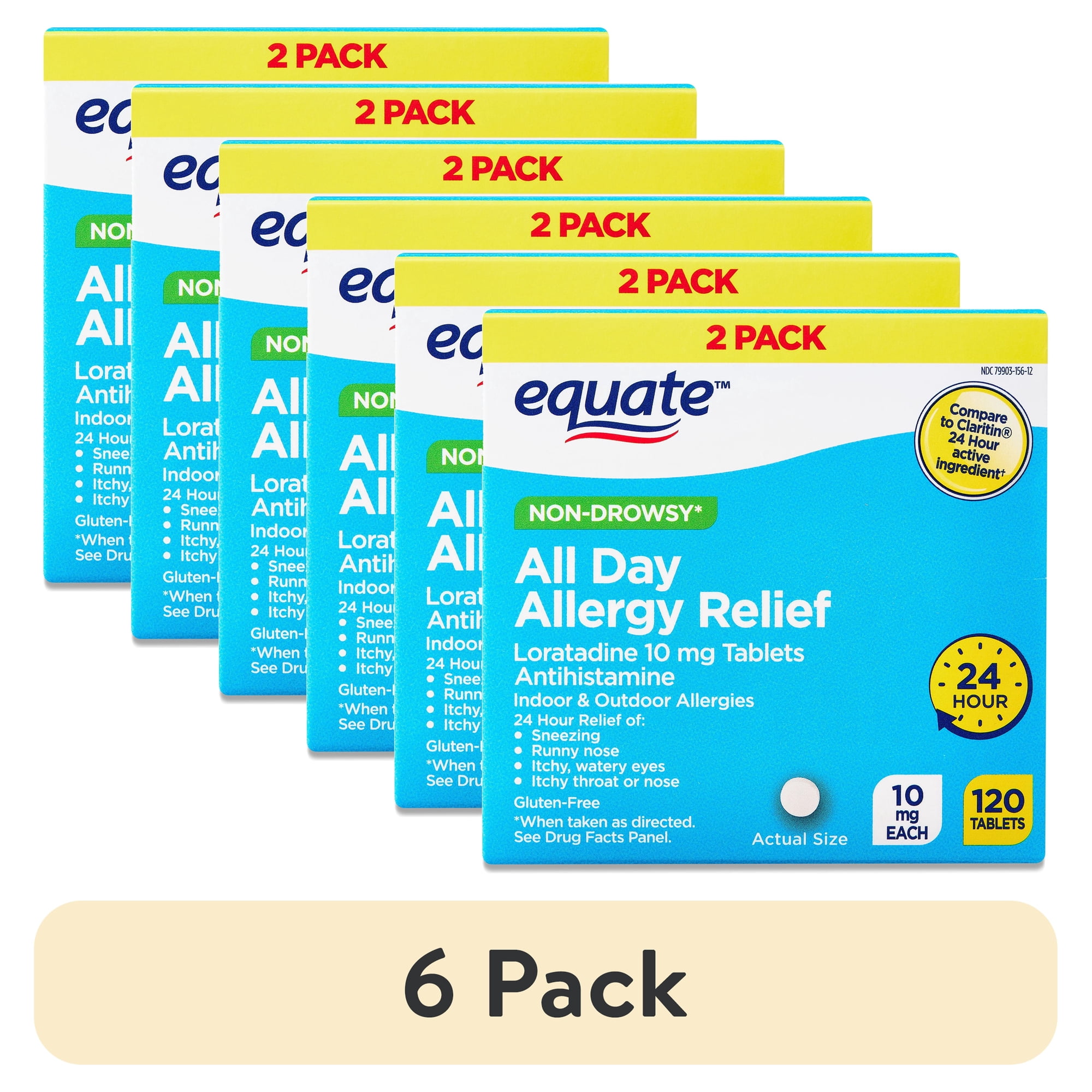 (6 pack) Equate Non-Drowsy All Day Allergy Relief Loratadine 10 mg Tablets Antihistamine, 120 Count (2x60 Count), Compare to ClaritinÂ® 24 Hour Active Ingredient