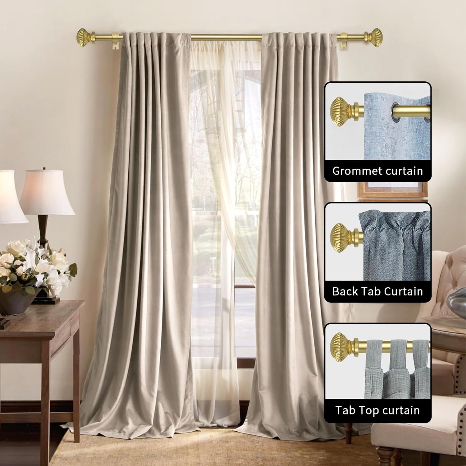 eTeckram 5/8" Double Curtain Rod with Bateau Finials,Gold,84‘’-120‘’