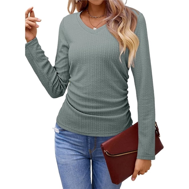 Tops Casuales para Mujer, Cuello en V, Camisas de Larga, Túnicas Básicas con Frunces Lisos, Blusas Verde M