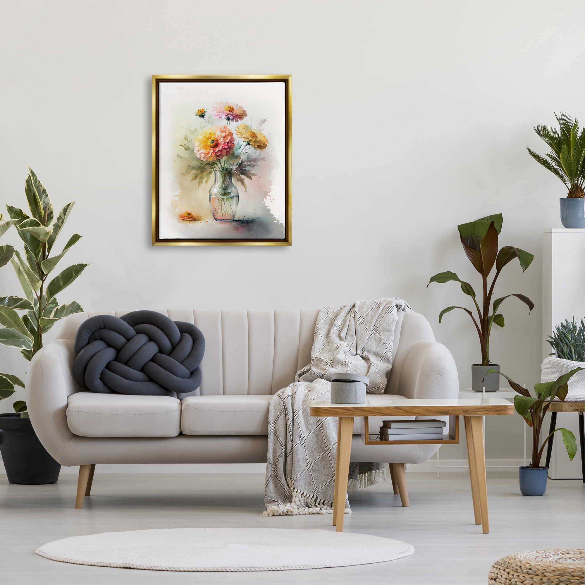 Stupell Industries Modern Dahlia Bouquet Botanical & Floral Painting Gold Floater Framed Canvas Art Print Wall Art, 25 x 31
