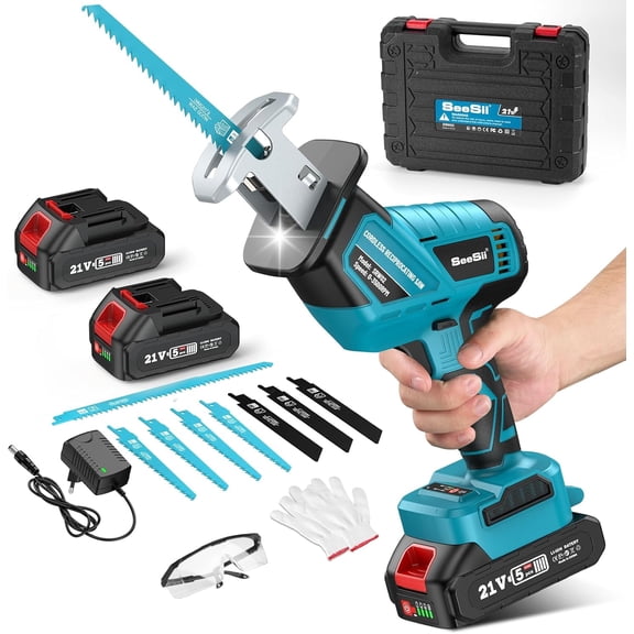 Seesii Cordless Reciprocating Saw, 200W Powered Brushless Reciprocating Saw with 2x 2.0Ah 21V Batteries, LED Light, 8 Saw Blades Tool-Free Change Reciprocating Saw for Wood PVC Metal Cutting