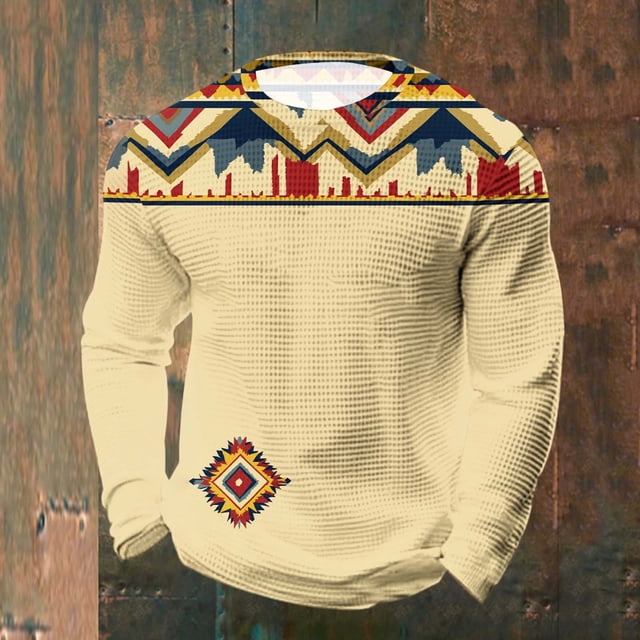 Ceisia Men's All-Season Casual Regular Fit Crew Neck Sweatshirt Beige Ethnic Geometric Print Square Grid Stretch Fabric Multicolor M Gifts