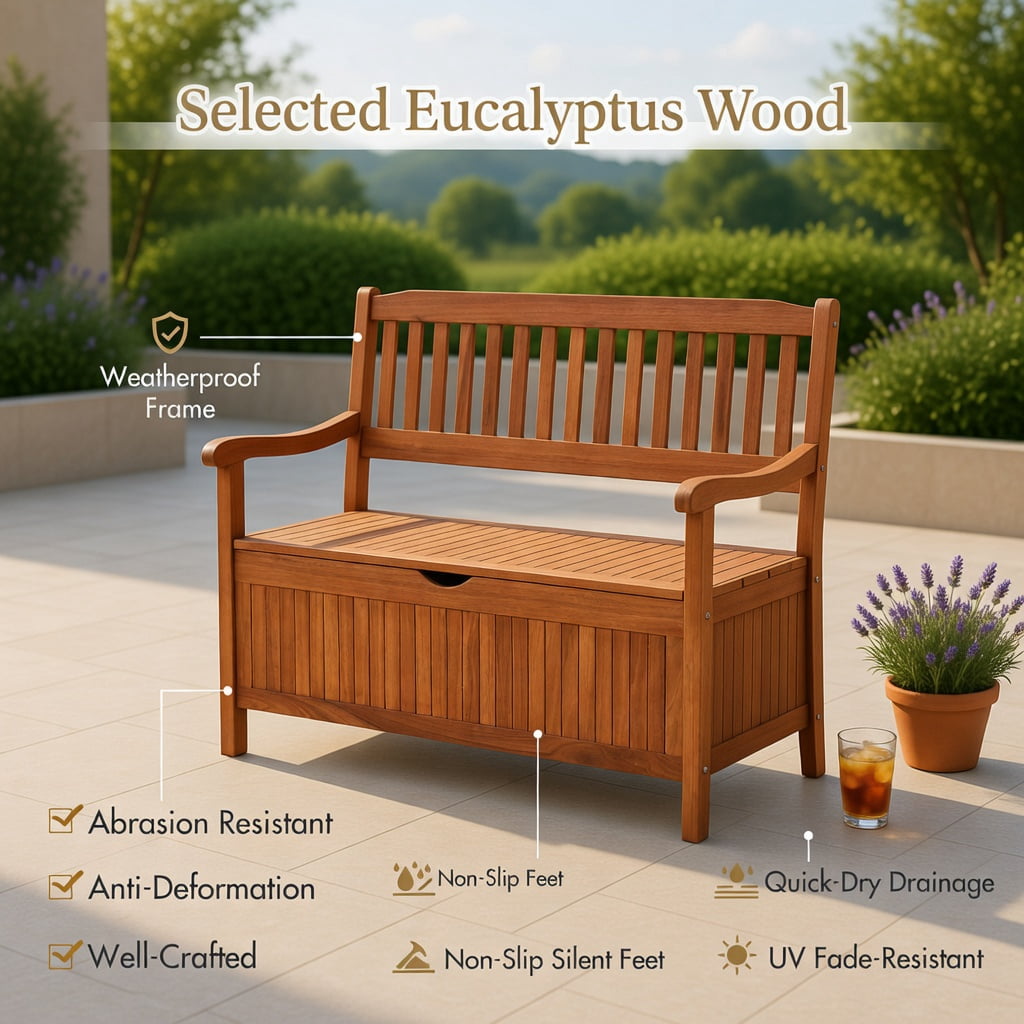 Hommoo 33-Gallon Eucalyptus Wood Outdoor Storage Bench with Liner, Patio, Garden & Porch Seating, Natural