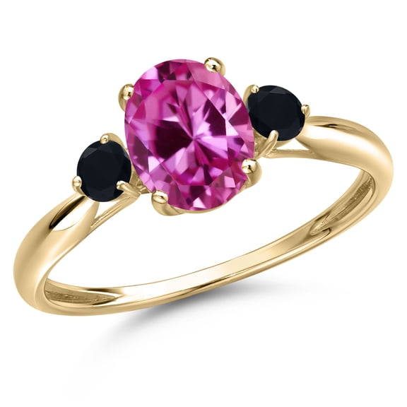 Gem Stone King 10K Yellow Gold Pink Created Sapphire and Black Onyx 3-Stone Ring for Women | 1.85 Cttw | Oval 8X6MM | Gemstone September Birthstone | Size 9