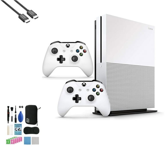 Pre-Owned Microsoft Xbox One S 1TB with 2 Controller, 4K Ultra HD White with BOLT AXTION Cleaning Kit HDMI Bundle