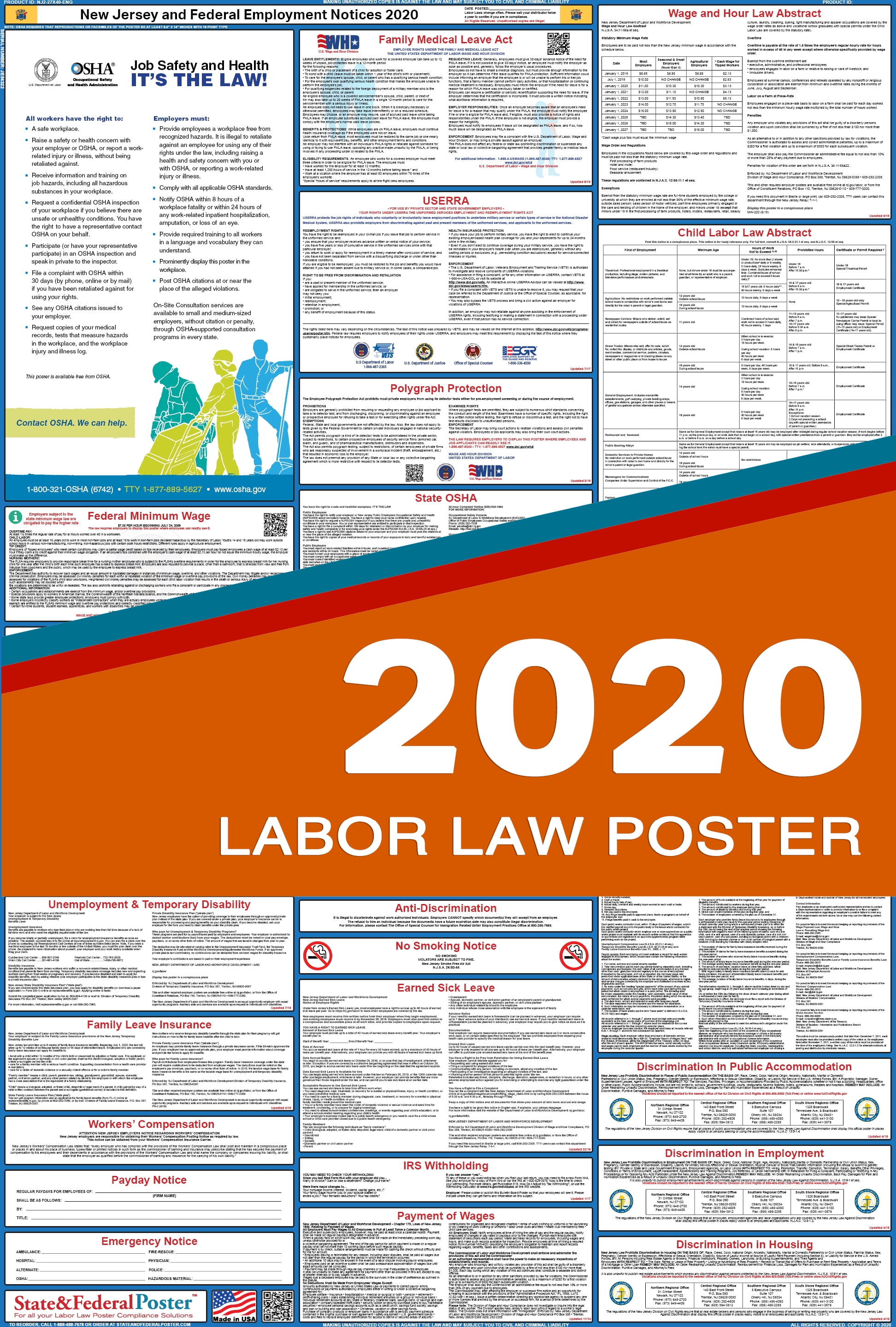 2020 New Jersey State and Federal Labor Law Poster (Laminated