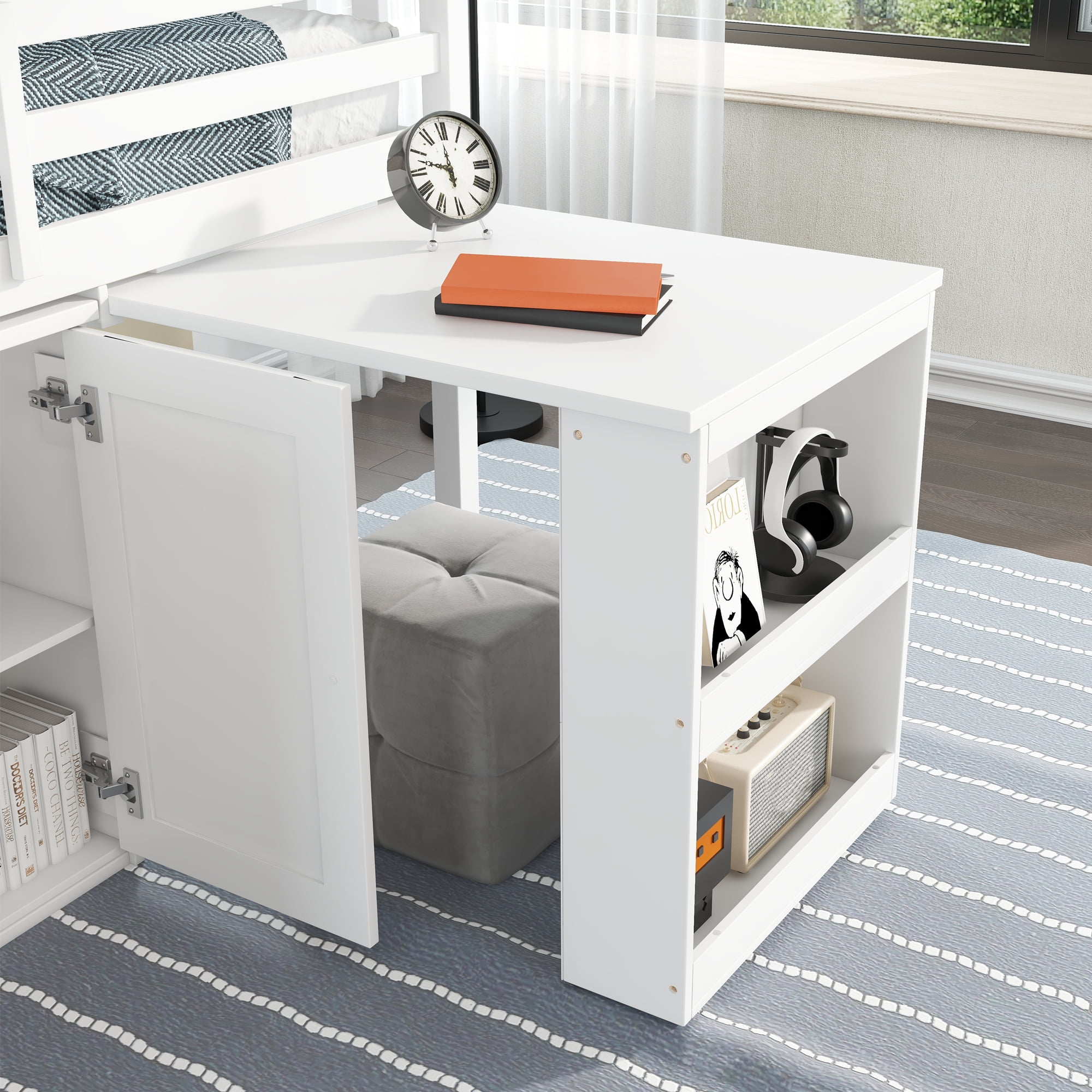 Sailvan Twin Loft Bed with Storage Cabinet, Drawer and Shelf Cabinet and Pulling-Out Desk