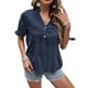 thumbnail image 1 of Blusa informal holgada de manga corta con escote en V, puños enrollados y botones delanteros en color morado, 1 of 7