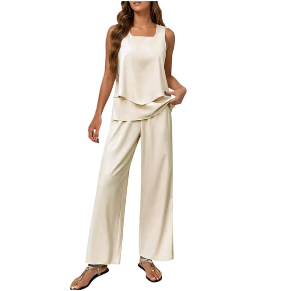 Enjoytime 2 Piece Lounge Set Women Solid Color Square Neck Tank Tops with Wide Leg Pants Outfits Summer Travel Casual Plus Size Clothes