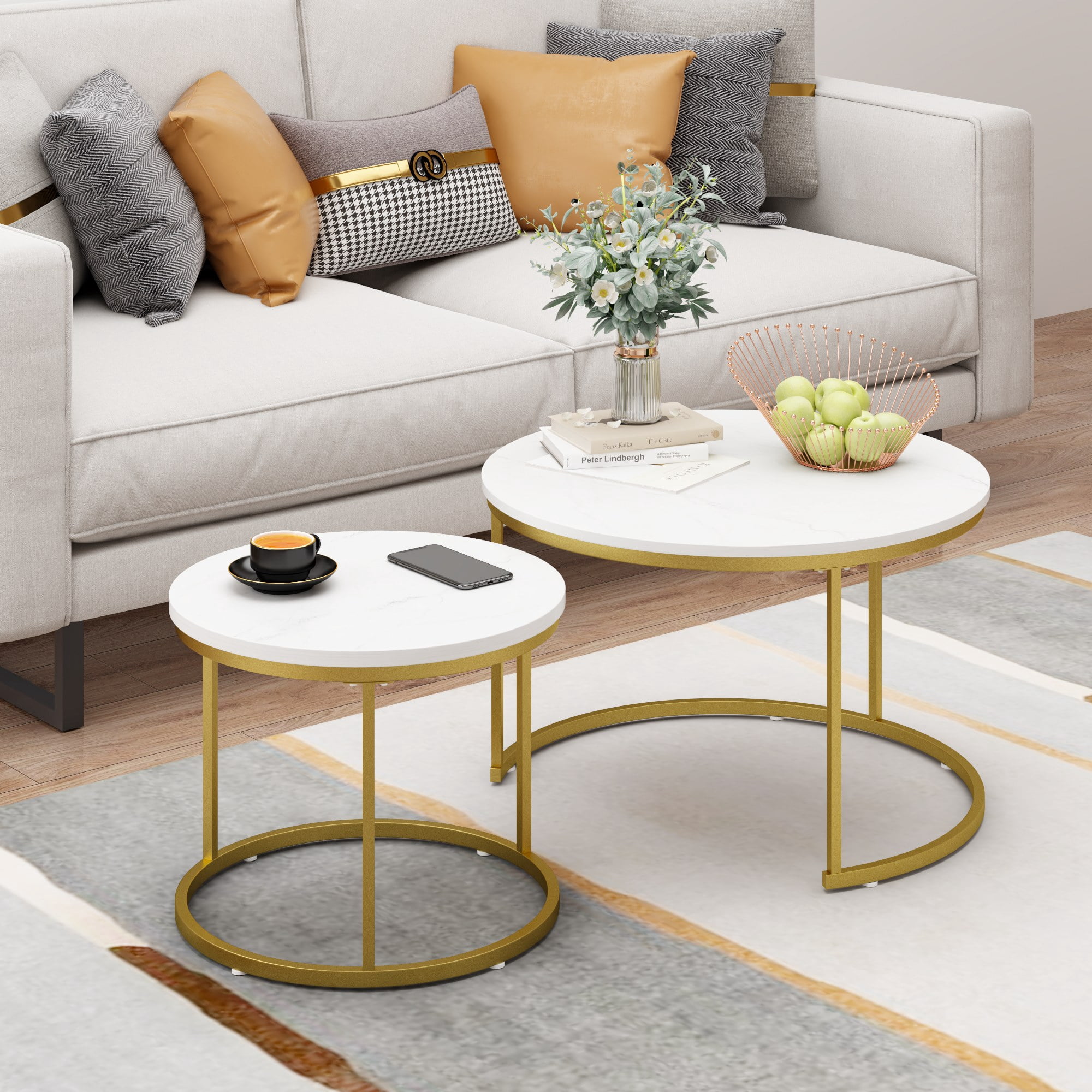 27.6in Nesting Coffee Table Set of 2, Round Coffee Table Wood Marble Pattern Top with Sturdy Metal Frame, End Table Side Tables for Living Room Bedroom Balcony Yard (White)