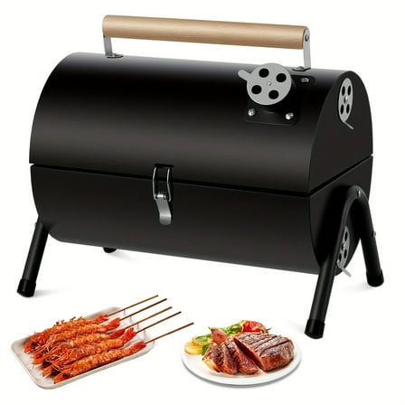 Compact Dual - Sided Foldable Charcoal Grill Barrel. Black Stainless Steel with Wood Handles. Ideal for Outdoor Cooking, Camping. Great for Grilling Shrimp, Meat, Veggies. Easy - Lift Lid
