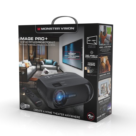 Monster Image Pro 720P HD TFT LCD Projector, 1920x1080 HD Max Resolution, 2000 Lumens, 100" Screen