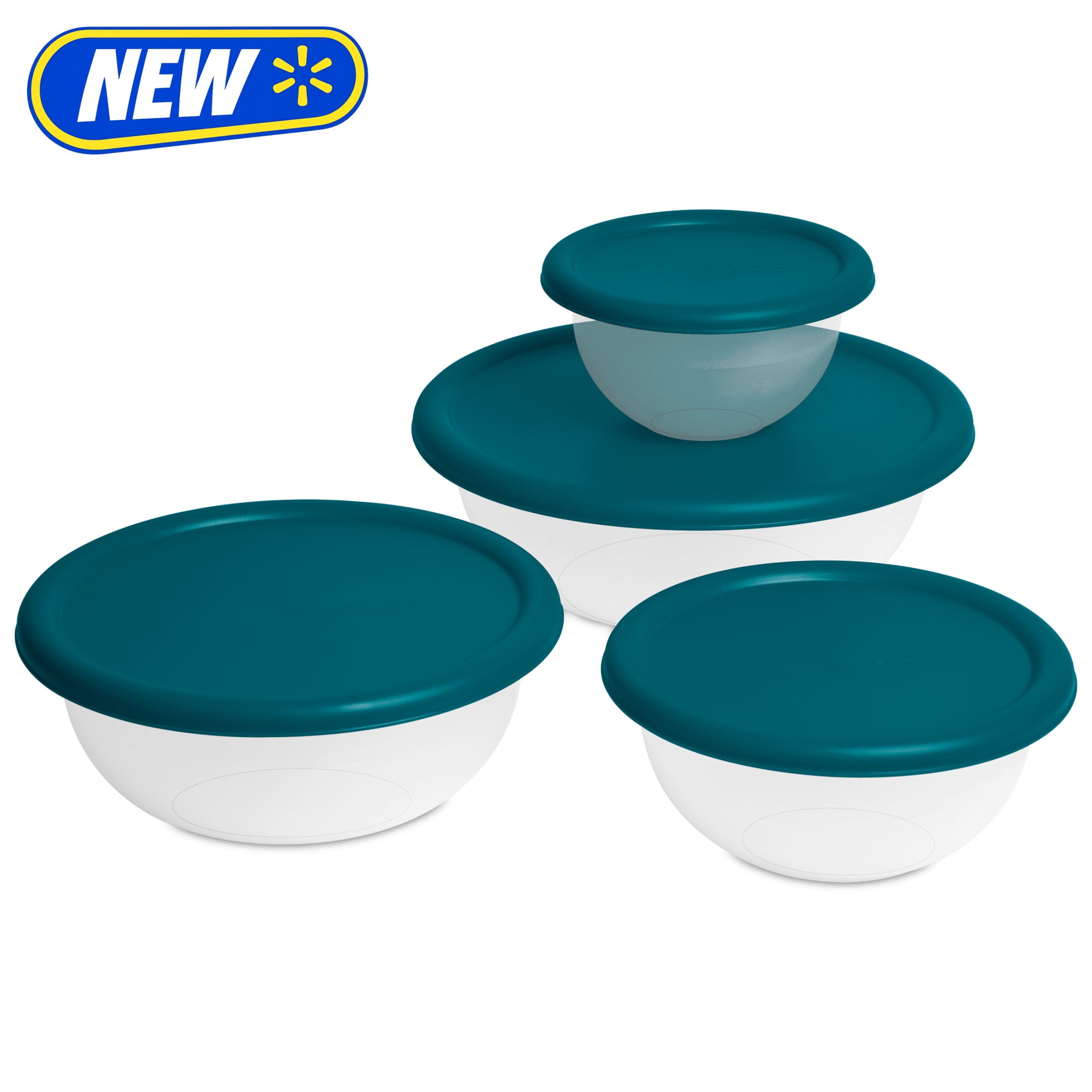 Mainstays 8 Piece Plastic Covered Bowl Set for Food Prep, Serving & Storage, White Bowls with Teal Lids, BPA-Free