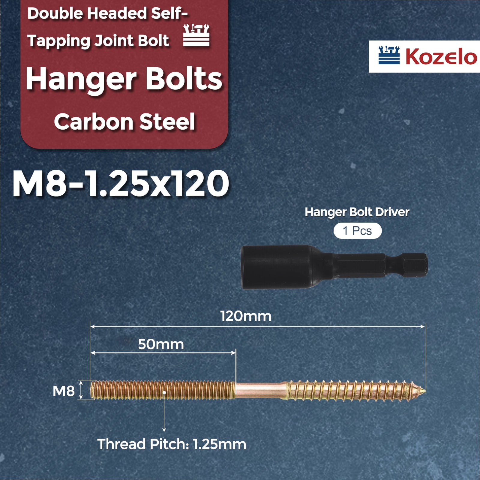 Uxcell 10pcs Hanger Bolts with Driver - [M8-1.25x120] Double Headed Wood Dowel Self Tapping Screw Set for Furniture Repair, Dual Ended Thread Rod Joint Blot, Colored Zinc Coating