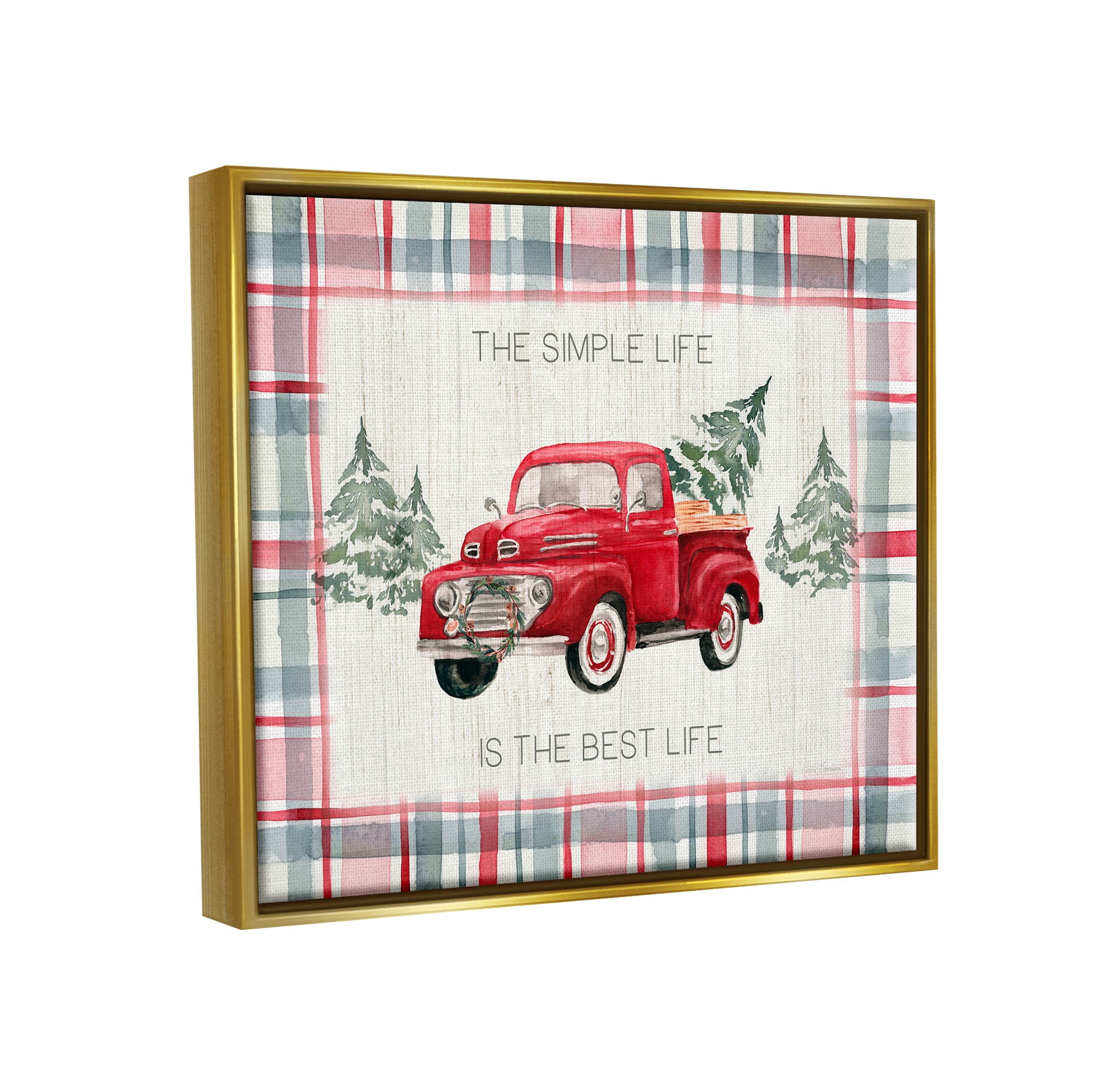 Stupell Industries Simple Life Is Best Plaid Truck Graphic Art Metallic Gold Floating Framed Canvas Print Wall Art, Design by Kristen Brockmon