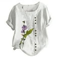 thumbnail image 3 of USSUMA Plus Womens Tops Dressy Casual Plus Size Button Linen Cotton Round Neck Women's Tunics Flower Printing Basic Tee T Shirts for Women Short Sleeve Summer Blouses Trendy, 3 of 4