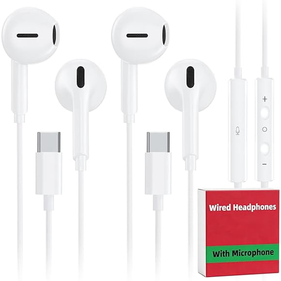 ccwmincc 2 Pack USB C Wired Earbuds for iPhone 17/16/15 Pro Max Plus Air iPad & USB-C Headphones for Samsung Galaxy S26/S25/S24/S23 Ultra A55 A54, Type-C Earphones with Microphone (White)