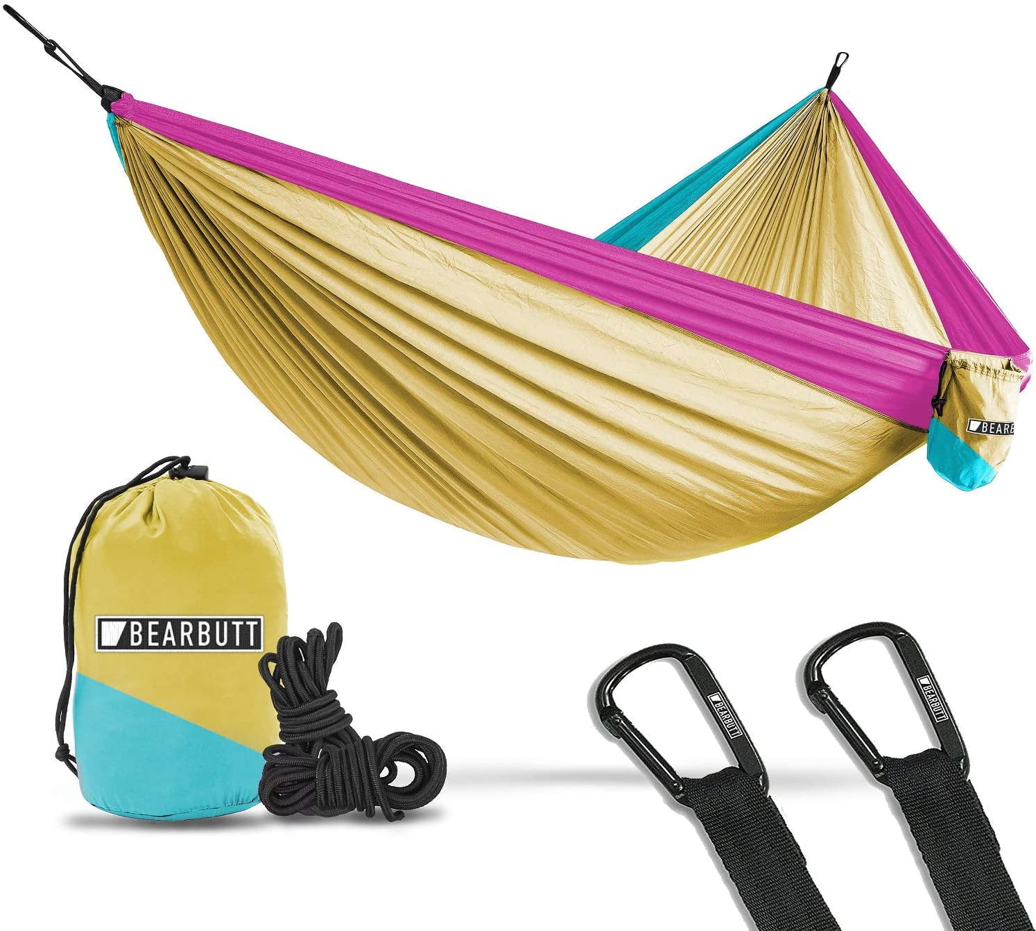 BEMAIN Camping Hammock Outdoor Lightweight Double & Single Portable Nylon Parachute Hammocks for Hiking Travel Beach Yard Gear Includes Straps and Steel Carabiners Champagne Gold/Yellow,Full 
