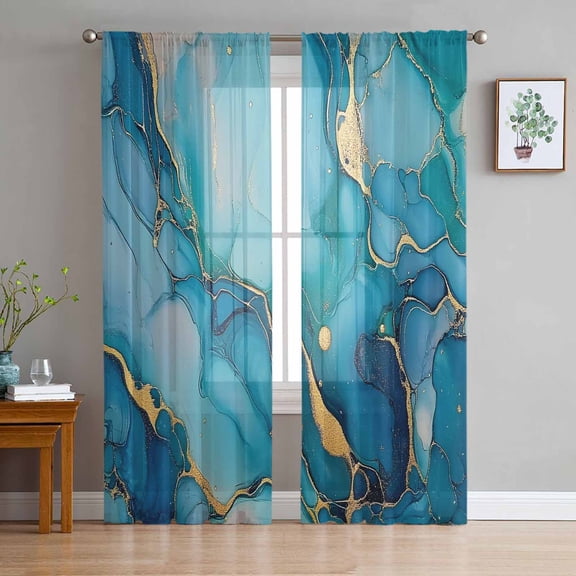 ERUNPONLY Modern Turquoise Sheer Curtains 96 Inch Length 2 Panels Set, Abstract Teal Gold Marble Textured Voile Window Treatment Sheer Long Curtains Drapes for Bedroom/Living Room/Kitchen 52"x96"x2
