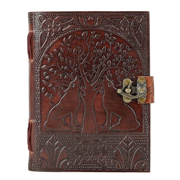 TUZECH Tree of Life with Wolves Vintage Book of Shadows Handmade Leather Journal Diary Notebook Seven Chakra Gift for Men Women Him Her With Leather Bound 7X5 Inches