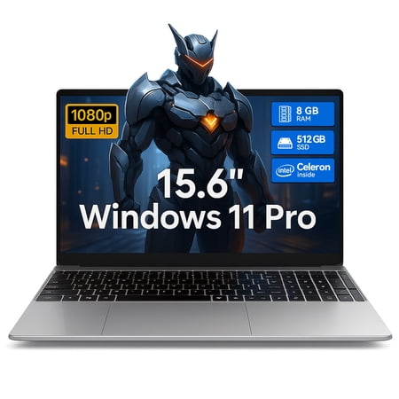 15.6 Inch Windows 11 Pro Laptop, 8GB RAM 512GB SSD, Intel Celeron, FHD IPS Display, Ultra Slim Notebook, Dual-Band WiFi, HDMI, Webcam