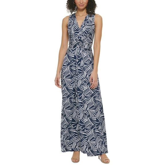 Women's V-Neck Tuck-Front Maxi Dress Navy Ivory 8