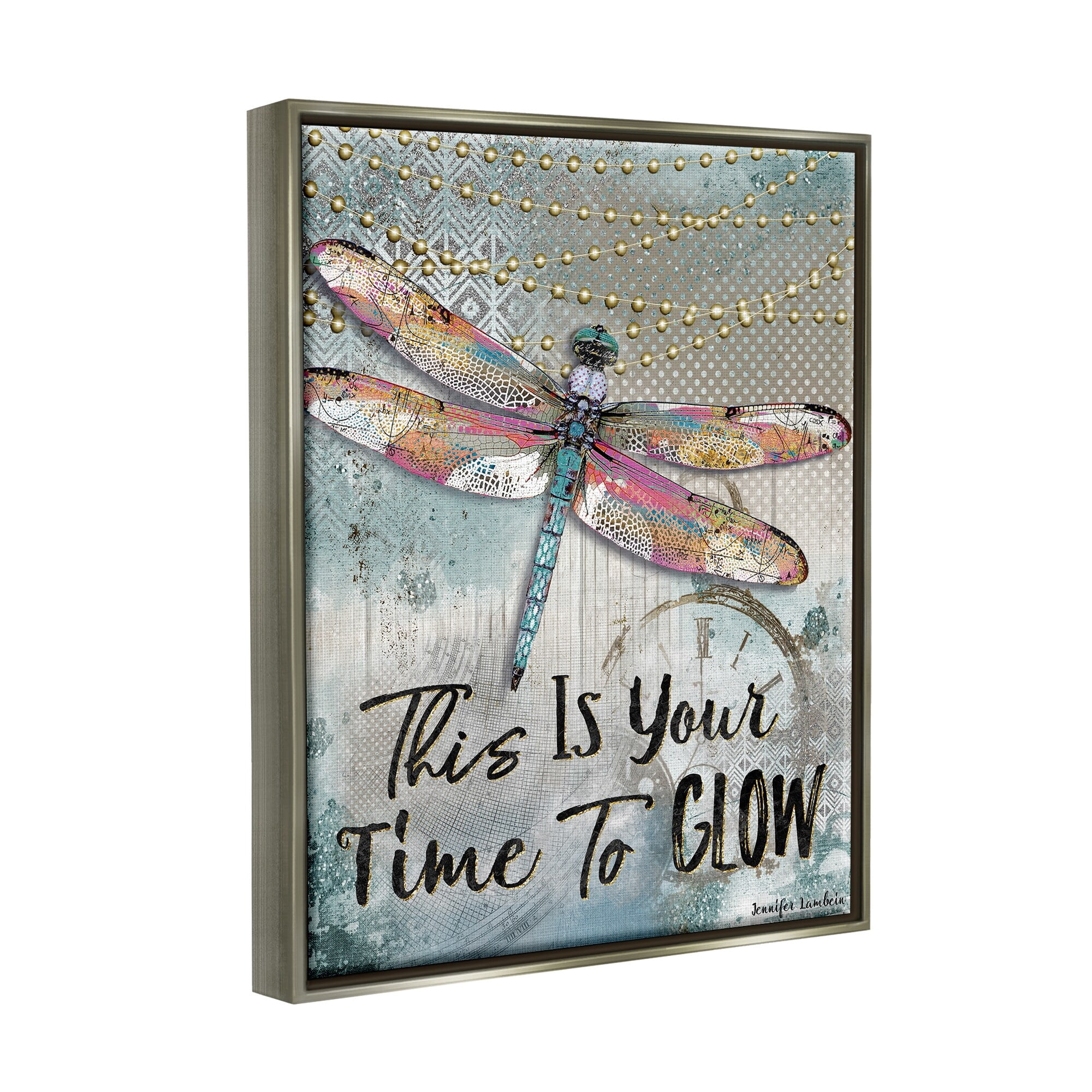 Stupell Industries Blue Lights This Is Your Time To Glow Inspirational Dragonfly Luster Gray Framed Floating Canvas Wall Art, 16x20, by Jennifer Lambein
