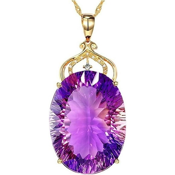 Oval Amethyst Purple Crystal Birthstone Gemstone Necklace For Women,Gold Color Chain