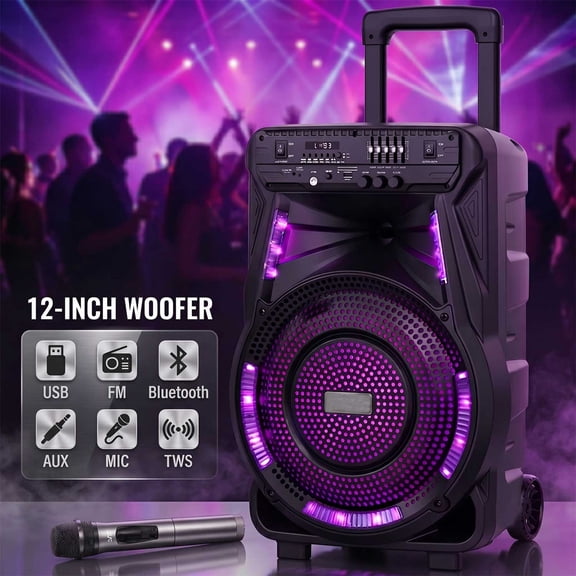 RIDWIND Wireless Portable Bluetooth Speaker 12" Subwoofer Indoor & Outdoor DJ Sound Stereo Loudspeaker Built-in Party Lights and Rolling Wheels W/ Microphone & Remote Control Support AUX/USB/TF/FM
