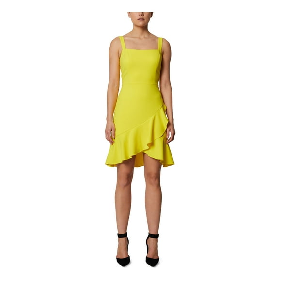 SAGE COLLECTIVE Womens Yellow Stretch Zippered Darted Ruffled Hem Sleeveless Square Neck Short Party Body Con Dress 0