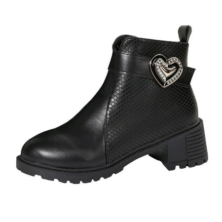 

Womens Short Booties Ladies Fashion British Style Colorblock Leather Rhinestone Belt Buckle Decorative Zipper Thick Heel Ankle Boots