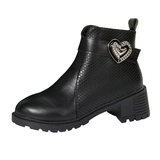 Botines de mujer Botas de tobillo de tacón grueso con cremallera decorativa y hebilla de cinturón de de imitación de cuero con bloques de colores de estilo británico a la moda para mujer (Black 8.5)