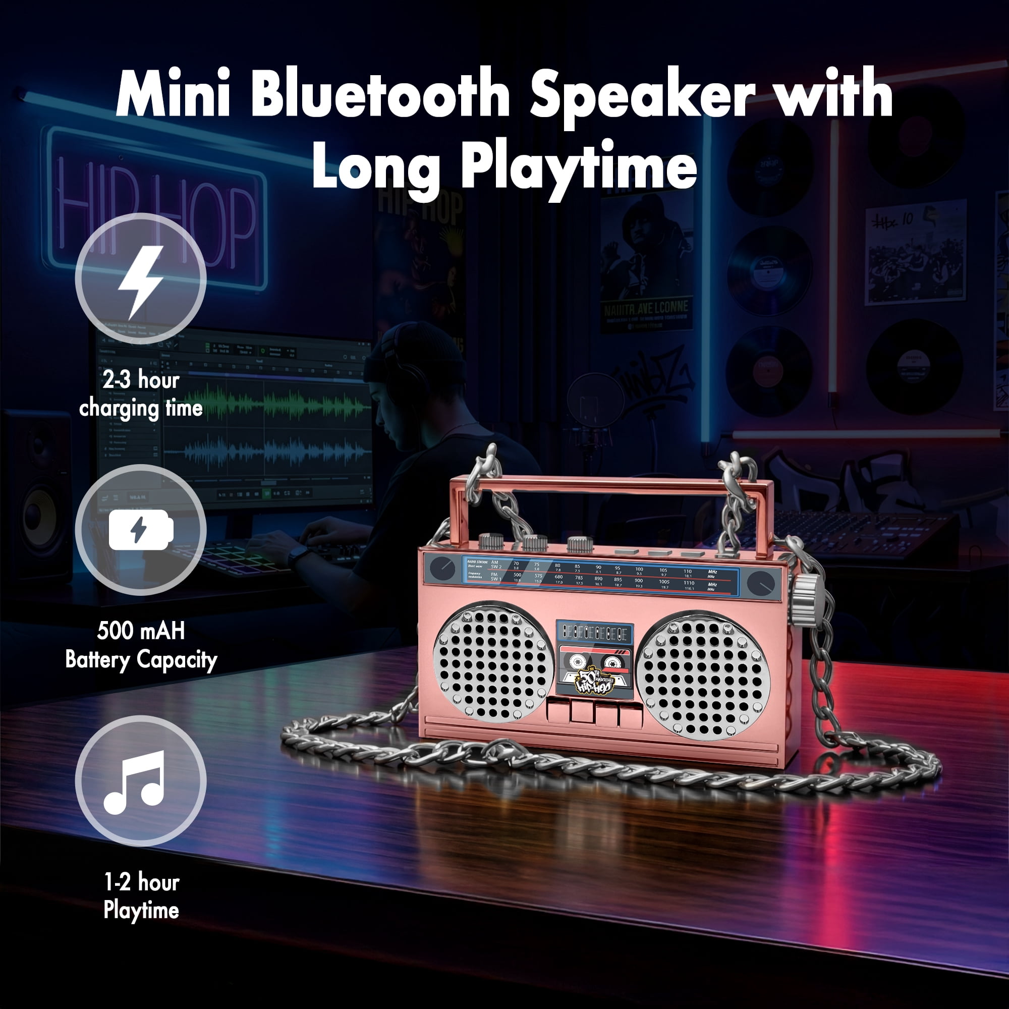 50th Anniversary of Hip Hop Portable Mini Bluetooth Wireless Speaker Retro Wearable Boombox, 27 Inch Necklace, FM Radio, On Board Buttons, Dual 6W Peek Power Micro Speakers, Long Lasting Battery