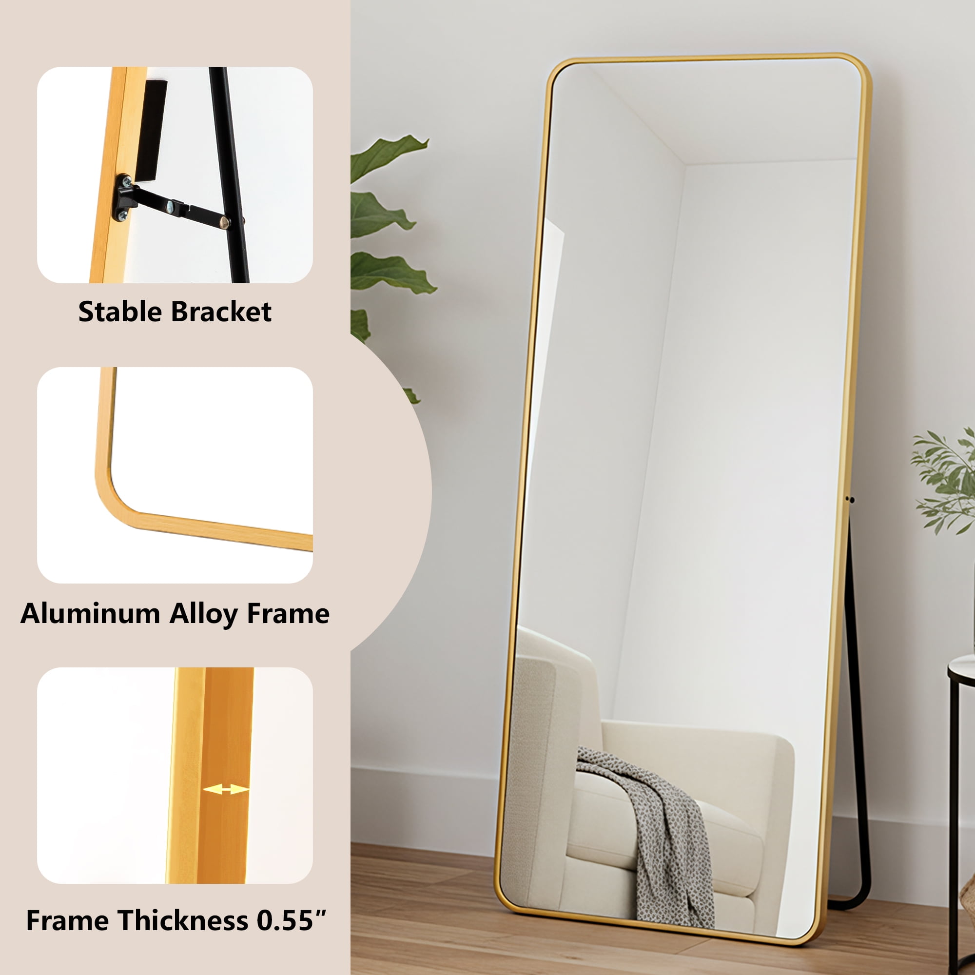 MAYEERTY Gold Rounded Corner Full Length Mirror, Wall Mount or Freestanding for Bedroom/Living Room, 71" × 32"