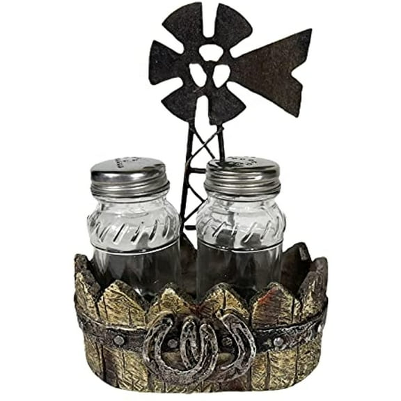Urbalabs Western Cowboy Country Windmill Salt and Pepper Shaker Caddy Country Farmhouse Dinner Table Kitchen Counter Decor Glass Set of Cute Chickens Gifts for Friends and Family (Western Windmill)