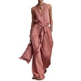 thumbnail image 3 of Cotton Linen Jumpsuits for Women Halter Deep V Neck Casual Rompers Tie Waist Wide Leg Loose Fit Summer Overalls with Pockets, 3 of 5