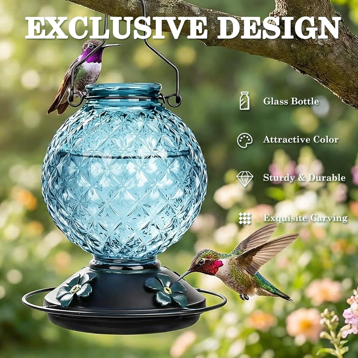 Glass Hummingbird Feeder for Outdoors Hanging, 25 OZ Humming Bird Nectar Feeder with 4 Bee Guard Feeding Ports & Built-in Ant Moat, Bird Feeder for Outside, Gifts for Women Mom, Blue