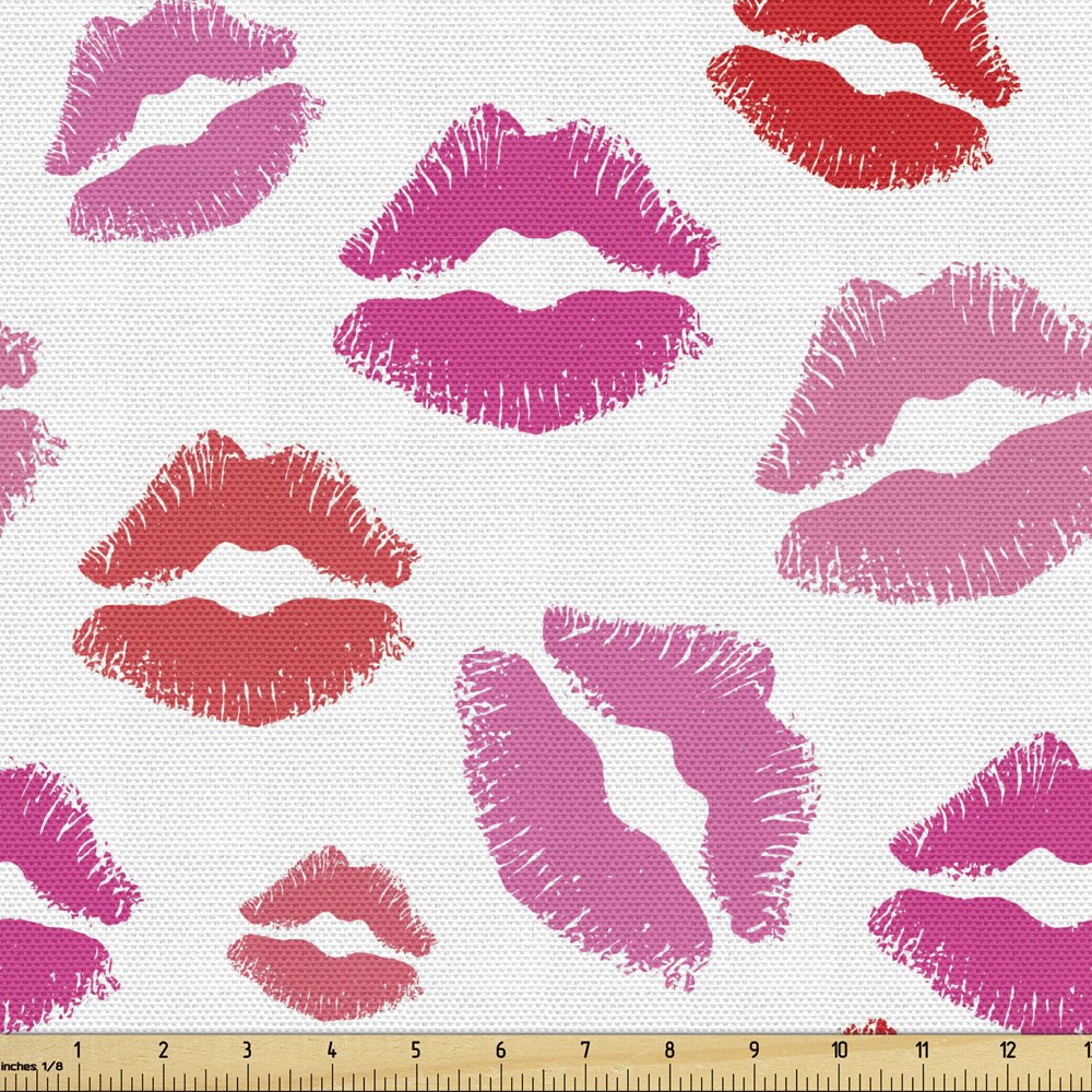 Lips Fabric by the Yard, Pink and Warm Color Romantic Kisses Smack