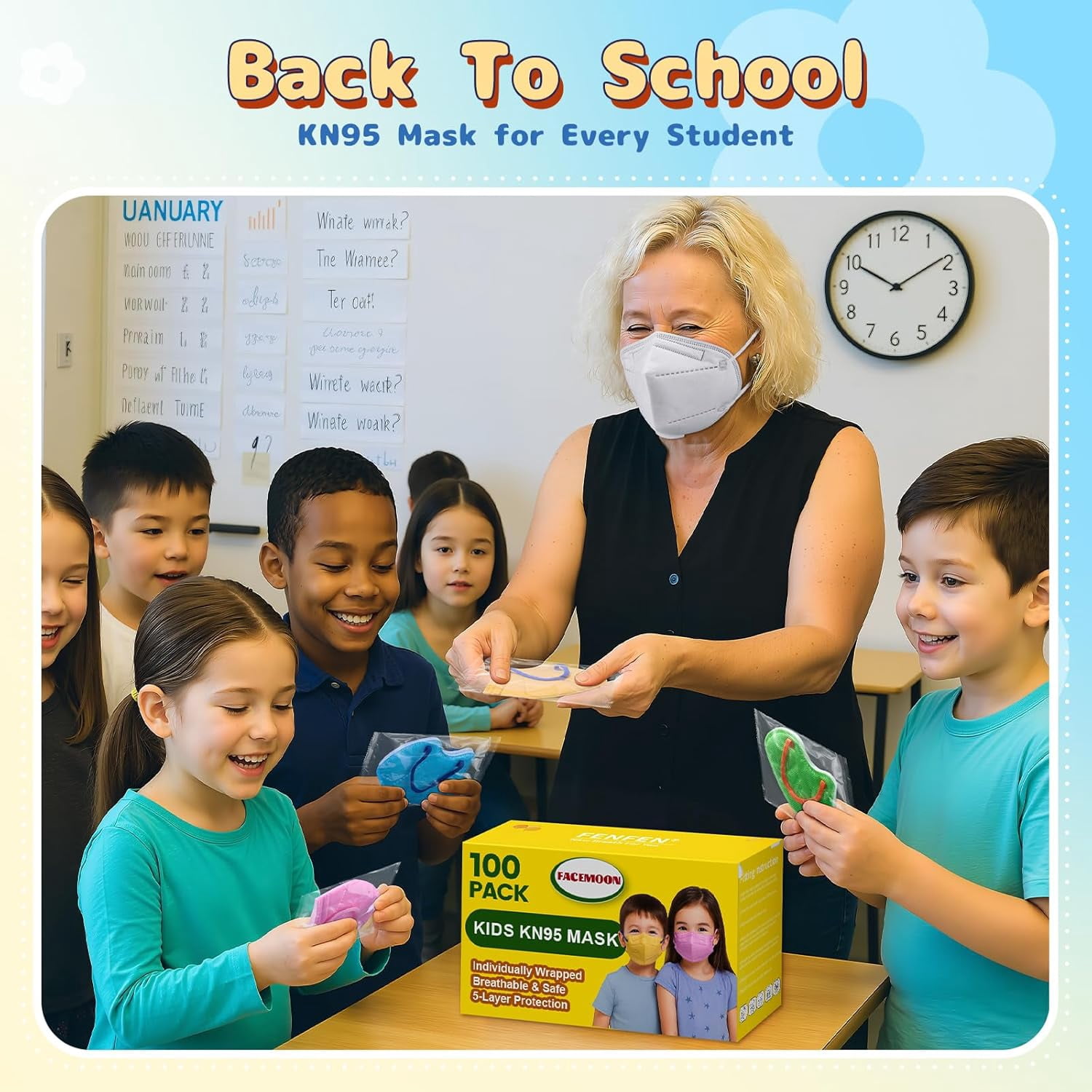 KN95 Masks Disposable for Kids, 5 Layer Protection 100 Pack Individually Wrapped KN95 Masks Children Size Breathable Adjustable Face Mask for Girl and Boy, Mascarillas para Niños Aged 4-12
