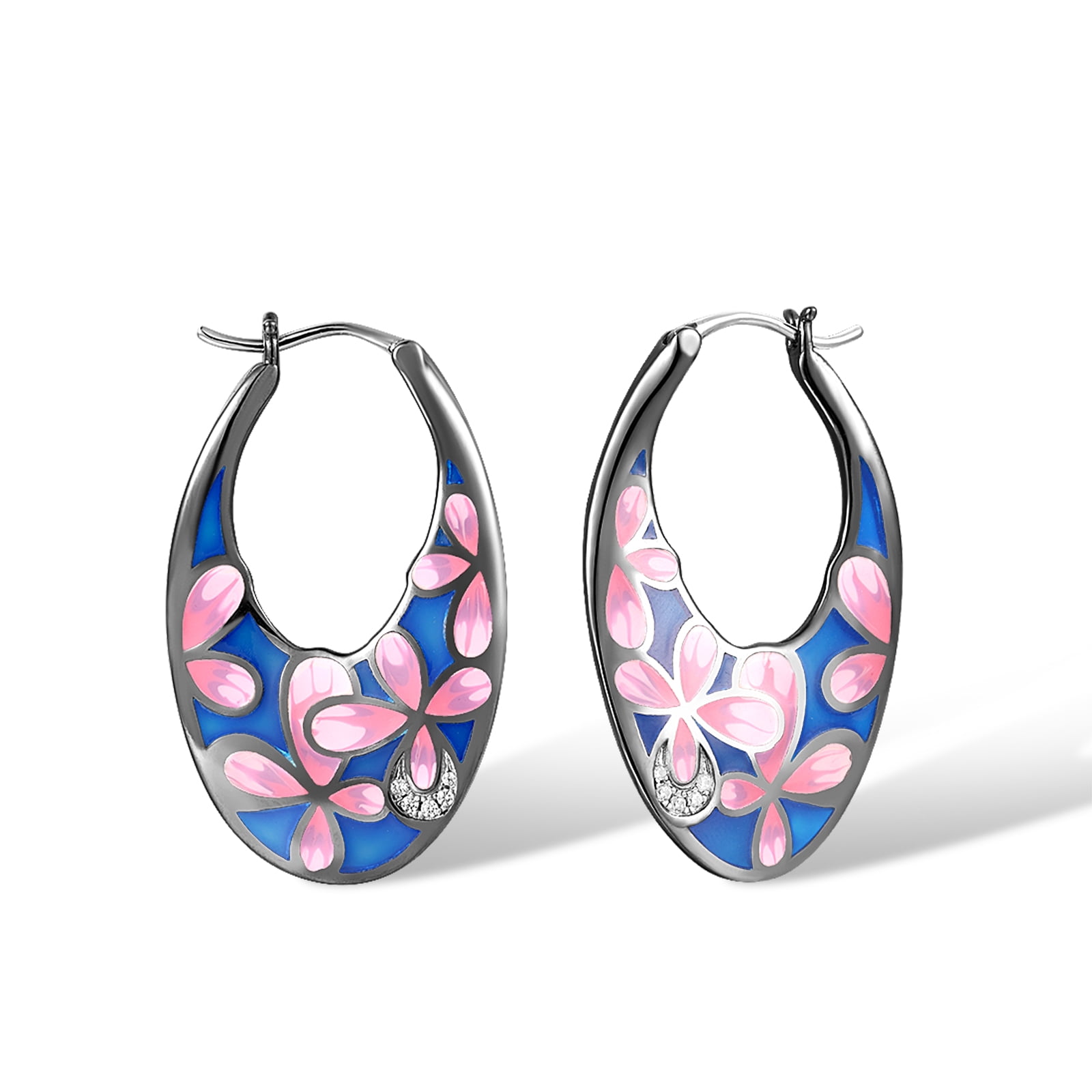 Santuzza Sakura Earrings 925 Sterling Silver Enamel Cherry Blossom Pink Flower Hoop Earrings for Women