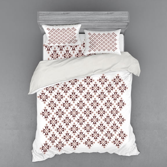 Brown and White Duvet Cover Set, Native Cultural Pattern from Indonesia Floral Motifs Retro Revival, Bedding Set with Shams and Fitted Sheet, 3 Sizes, by Ambesonne