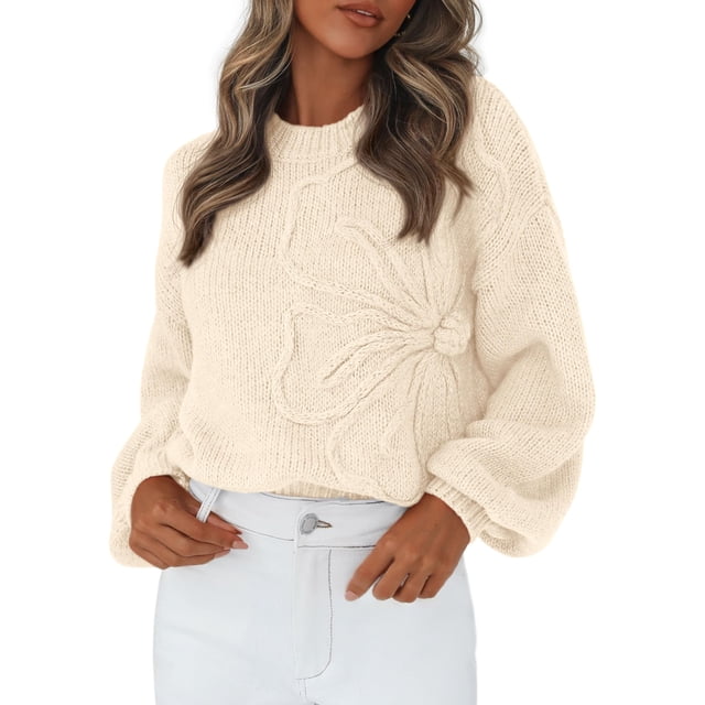 Suéter PRETTYGARDEN Floral de Punto con Cuello Redondo Beige M