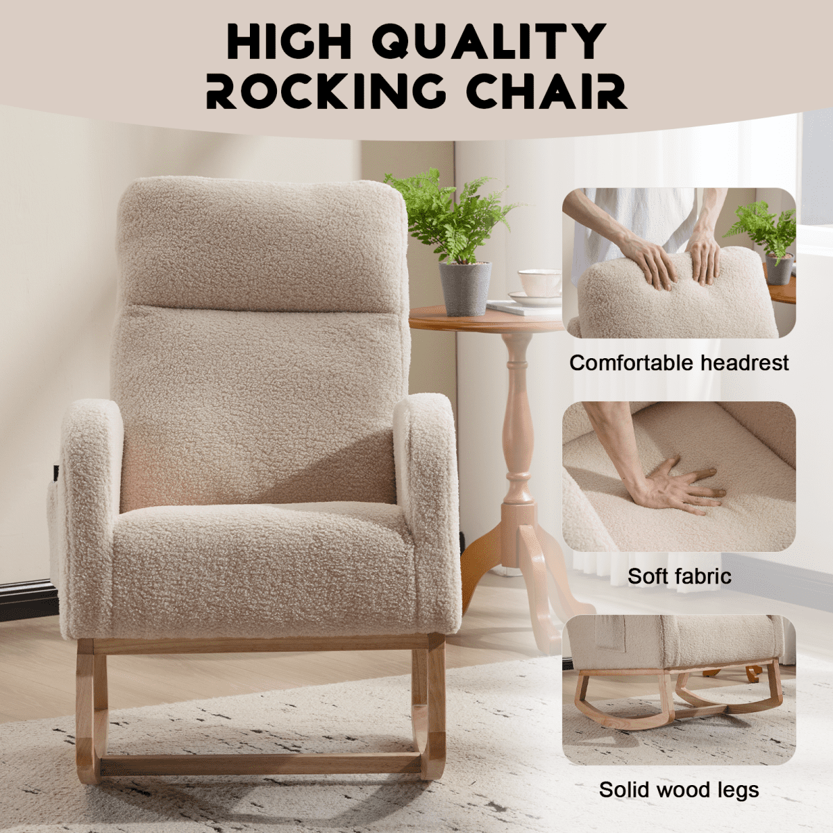 Beige Teddy Fabric Rocking Chair with Solid Wood Legs & Side Pocket, Upholstered Nursery Glider for Living Room