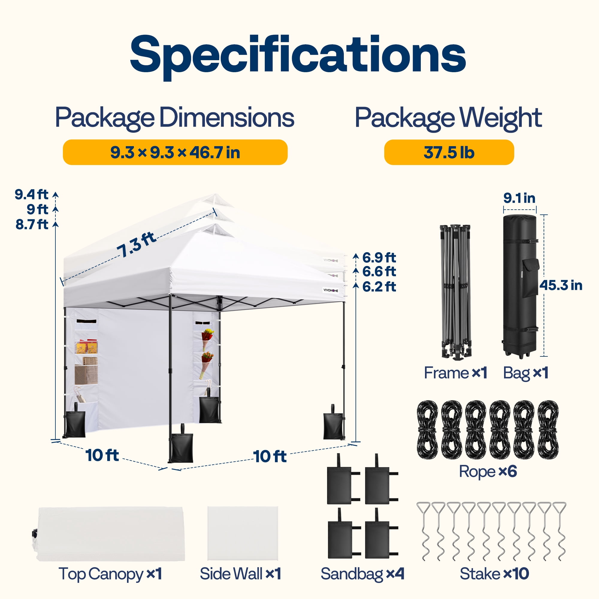 SPECSTAR 10'x10' Pop Up Canopy, One Push Set-up Tent with 1 Sidewall for Outdoor, White