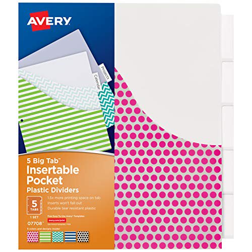 Avery 5Tab Plastic Binder Dividers with Pockets, Insertable Clear Big