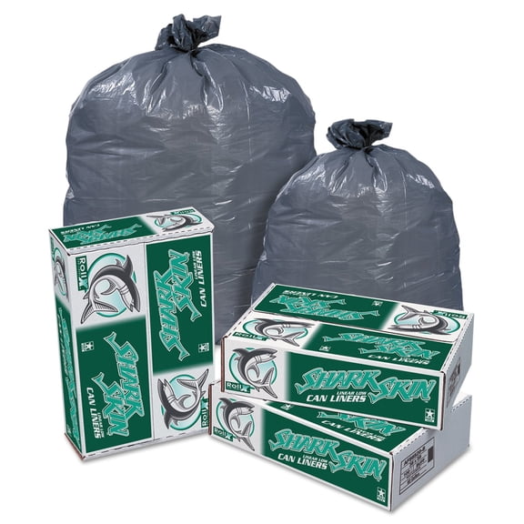 Shark Skin Linear Low Density Can Liners, 60gal, 1.1 mil, 38 x 58, Gray, 100/CT