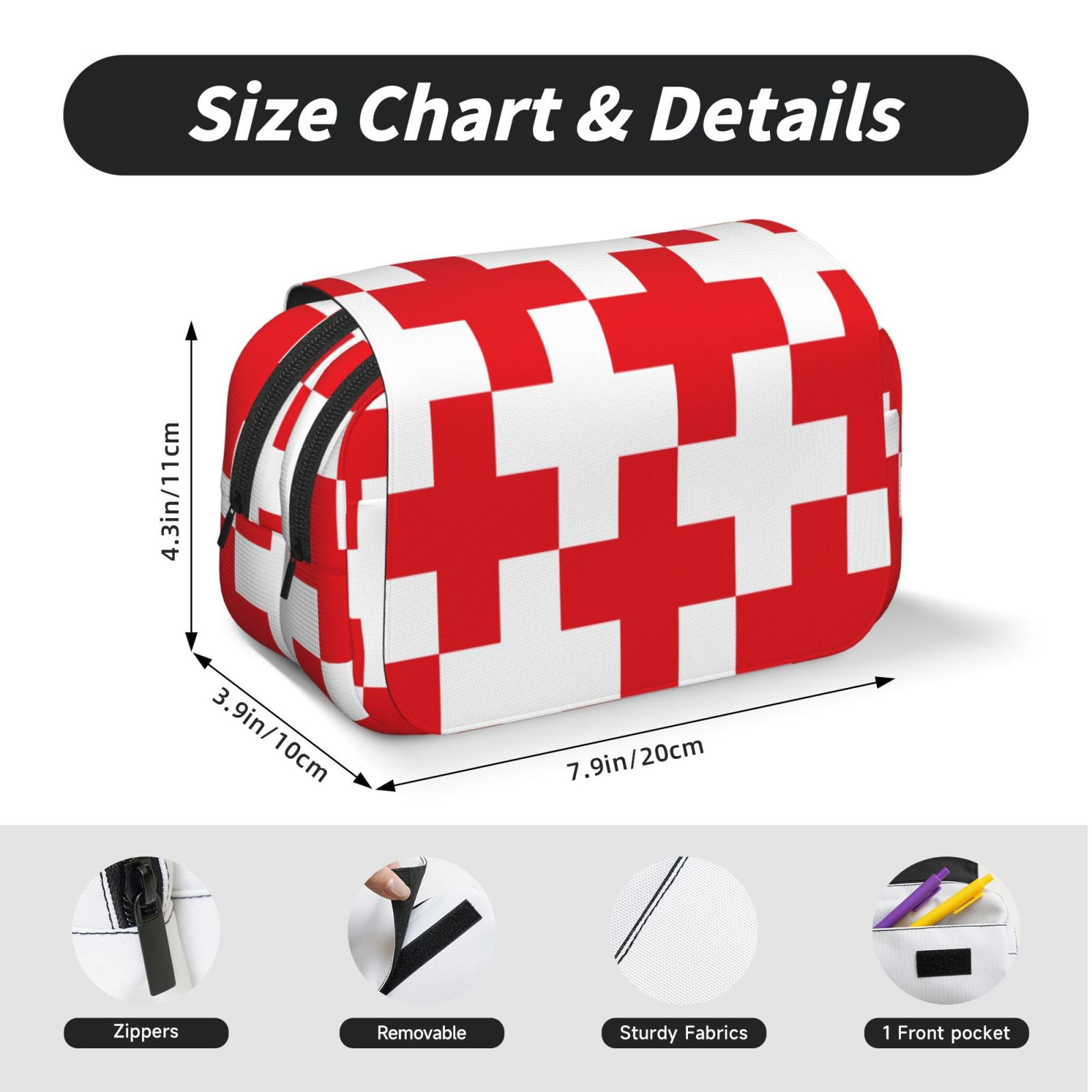 Rateoe Red Cross 1 Pattern Double Clamshell Pen Case, Storage Organizer with Two Zipper Compartments– Holds Up to 50 Pencils & Pens