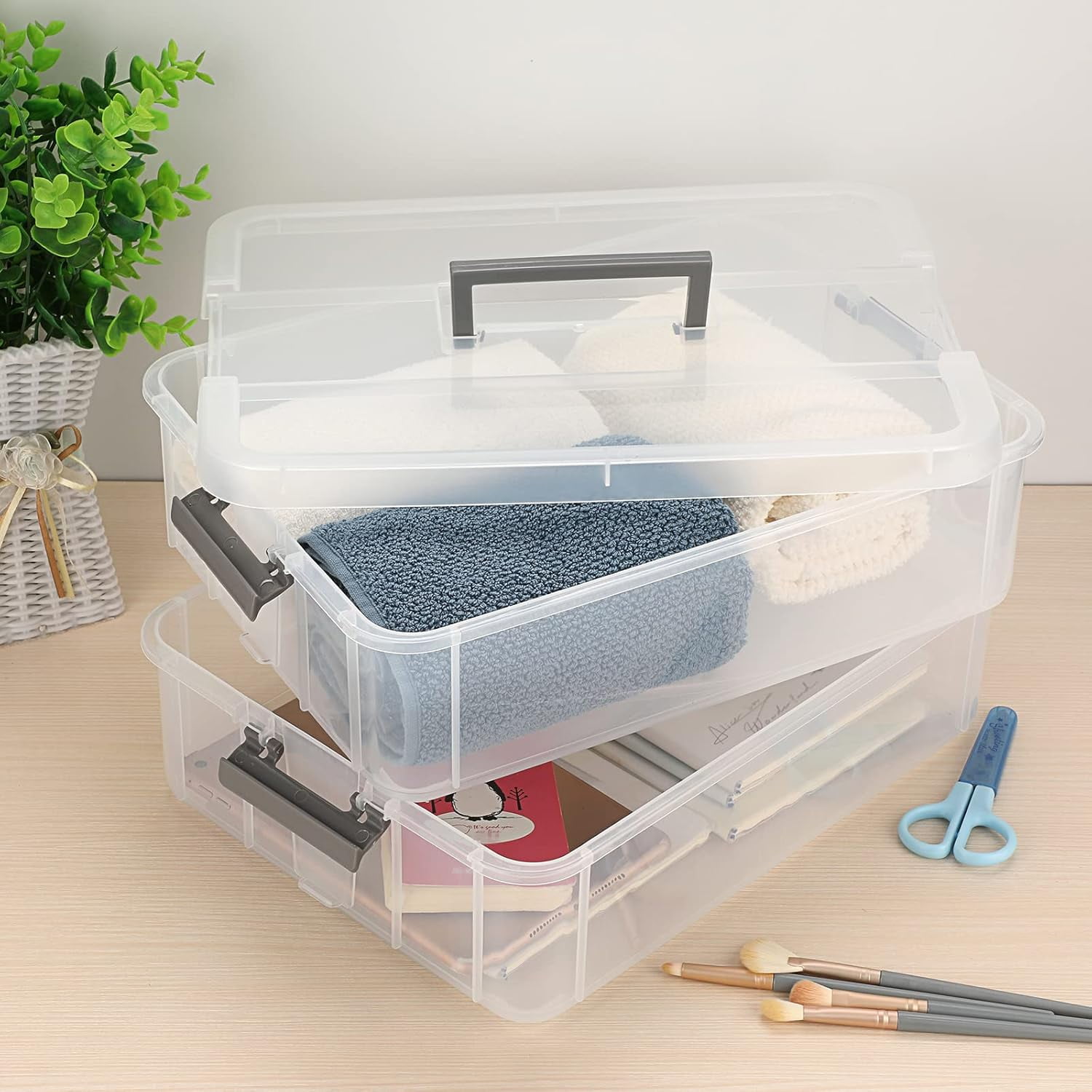 2 Layer Stack & Carry Box, Plastic Multipurpose Portable Storage Container Box Handled Organizer Storage Box for Organizing Stationery, Sewing, Art Craft, Jewelry and Beauty Supplies Dark Grey